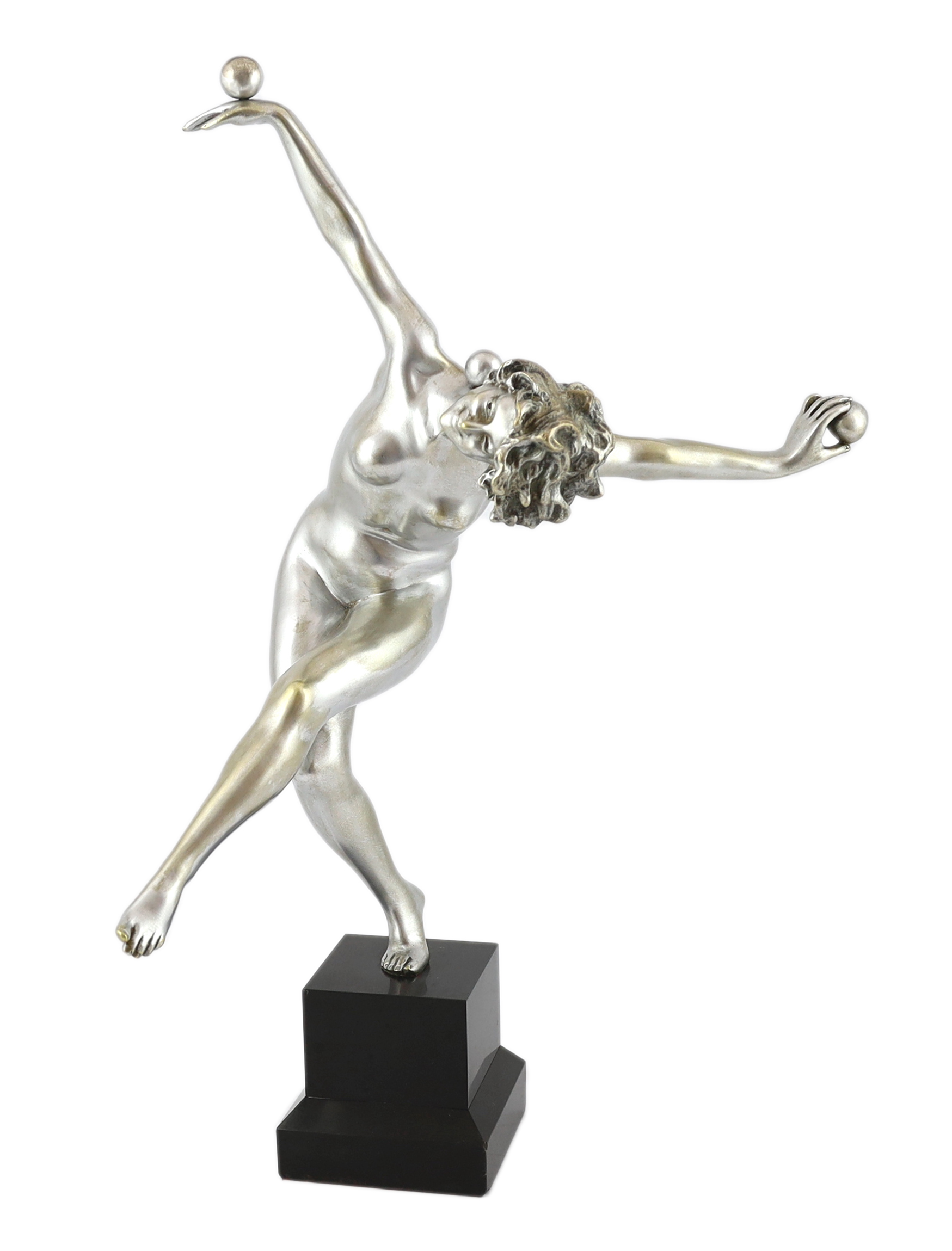 Attributed to Claire Colinet, an Art Deco silvered bronze figure of a nude acrobatic dancer, overall 53cm high